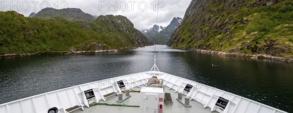 Cruise in a fjord, ship bow, Digermulen, Nordland, Norway, Scandinavia, Europe, adventure trip,