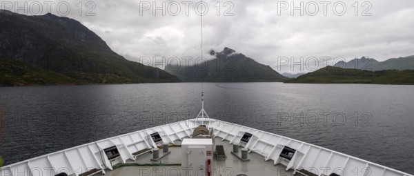Cruise in a fjord, ship bow, Digermulen, Nordland, Norway, Scandinavia, Europe, adventure trip,
