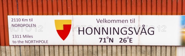 Place name sign Welcome with GPS data, Havøysund, Finnmark, Norway, Scandinavia, Europe, adventure