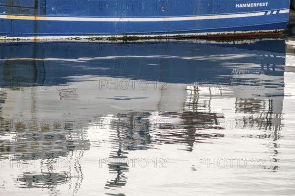 Ship bow with reflection, Honningsvåg, Finnmark, Norway, Scandinavia, Europe, adventure travel,