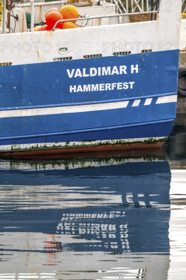 Ship bow with reflection, Honningsvåg, Finnmark, Norway, Scandinavia, Europe, adventure travel,