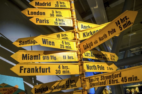 Norsk Luftfahrtmuseum, signpost Miami, Frankfurt, Bodø, Nordland, Norway, Scandinavia, Europe,