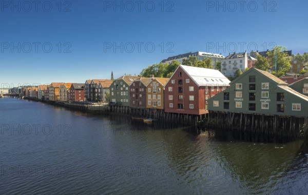 Picturesque colourful residential houses and commercial buildings on the river Nidelva, pile