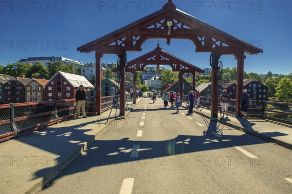 Gamle Bybro, historic bridge with red portals, Trondheim, Trøndelag, Norway, Scandinavia, Europe,