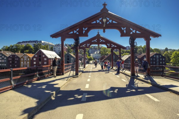 Gamle Bybro, historic bridge with red portals, Trondheim, Trøndelag, Norway, Scandinavia, Europe,