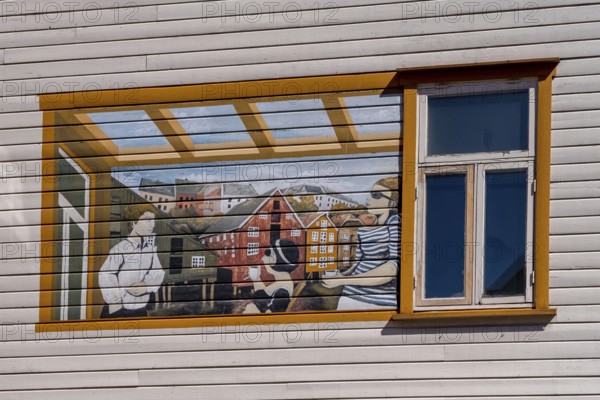 Painting on house facade, window, Trondheim, Trøndelag, Norway, Scandinavia, Europe, adventure