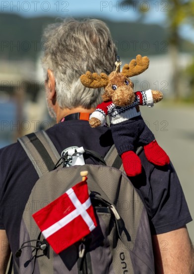 Tourist with backpack and cloth cup and Norwegian flag, travel guide, tour guide, tourist guid,