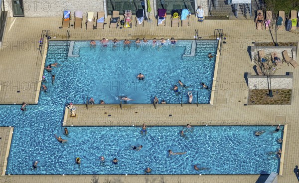 Aerial view, saltwater pool, outdoor swimming pool and bathers, sun loungers, Werne, Ruhr area,