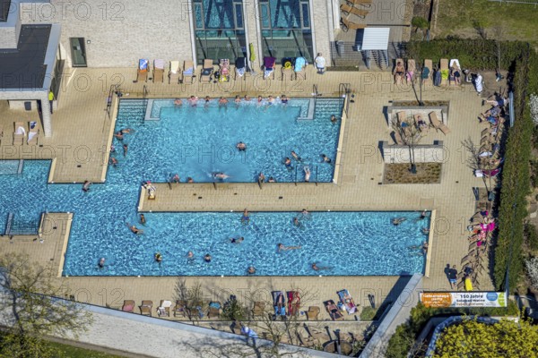 Aerial view, saltwater pool, outdoor swimming pool and bathers, sun loungers, Werne, Ruhr area,