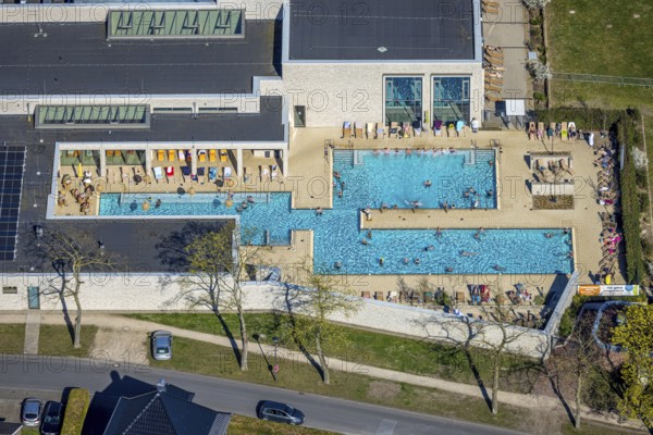 Aerial view, saltwater pool, outdoor swimming pool and bathers, sun loungers, Werne, Ruhr area,