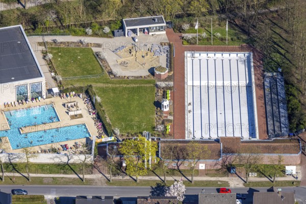 Aerial view, saltwater pool, outdoor swimming pool and bathers, sun loungers, Werne, Ruhr area,