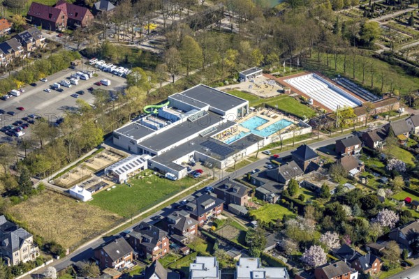 Aerial view, saltwater pool, outdoor swimming pool and bathers, sun loungers, Werne, Ruhr area,
