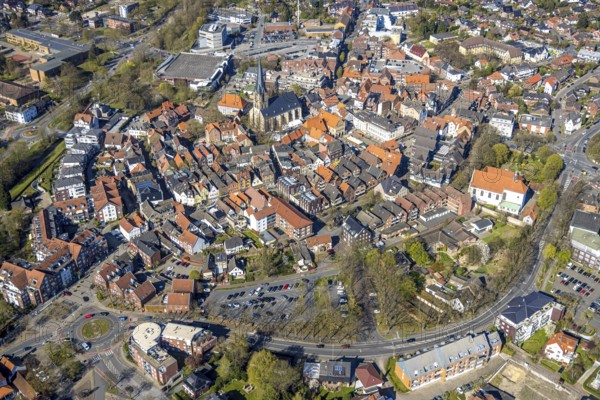 Aerial view, St. Christophorus Church and historic town hall on the market square in the old town,