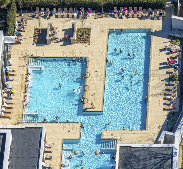 Aerial view, saltwater pool, outdoor swimming pool and bathers, sun loungers, Werne, Ruhr area,
