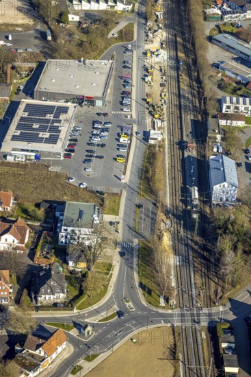 Aerial view, construction site construction work at Werl station, shopping centre with Aldi and