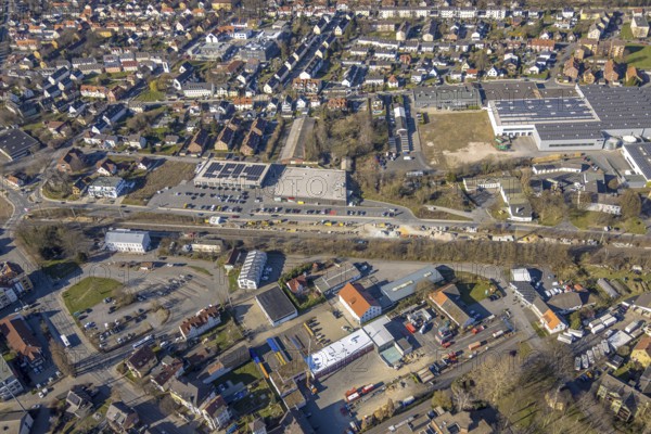 Aerial view, construction site construction work at Werl station and station forecourt, shopping