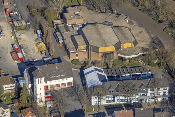 Aerial view, civic hall Werl event location, volunteer fire brigade, Werl, Soester Börde, North