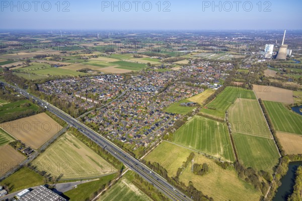 Aerial view, residential area, Stockum district with view to RWE Generation SE power plant