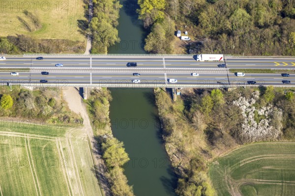 Aerial view, motorway bridge A1 over the river Lippe, district Herringen, Hamm, Ruhr area, North