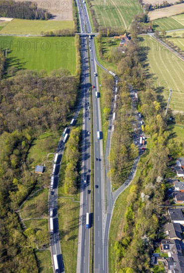 Aerial view, motorway A1 with truck rest area An Der Landwehr and parking area Fuchseggen, Werne,