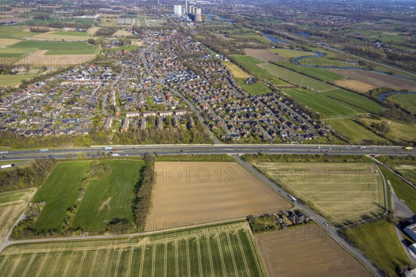 Aerial view, residential area, Stockum district with view to the WE Generation SE power plant