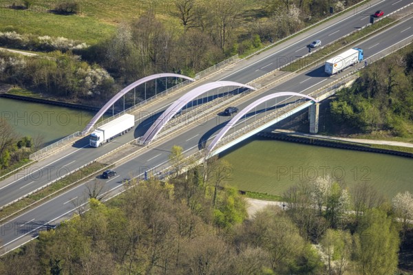 Aerial view, motorway bridge of the A1 over the Datteln-Hamm canal, district Herringen, Hamm, Ruhr