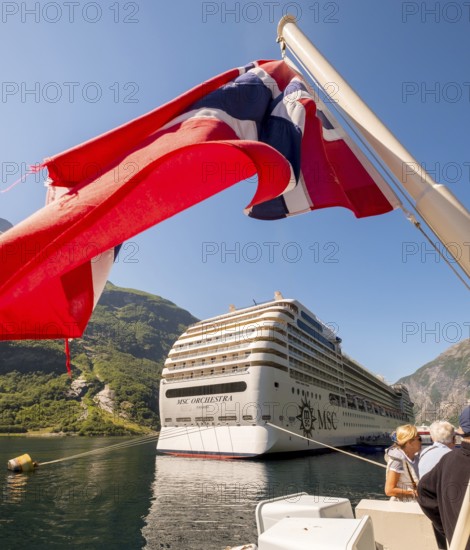 Ship MSC Orchestra Panama, Norwegian flag, Geiranger, Møre og Romsdal, Norway, Scandinavia, Europe,