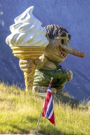 Norwegian troll and foodIce and Norwegian flag, Innfjorden, Møre og Romsdal, Norway, Scandinavia,