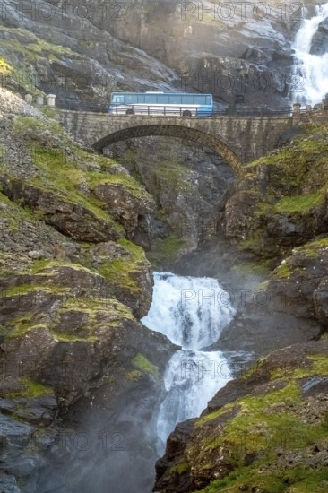 Coach, bridge Stigfossbrua, waterfall Stigfossen, Innfjorden, Møre og Romsdal, Norway, Scandinavia,