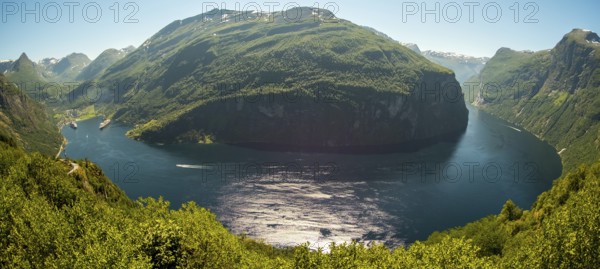 GeirangerFjord Loop, Geiranger town view, Queen Elisabeth and MSC Orchestra ship at anchor, Møre og