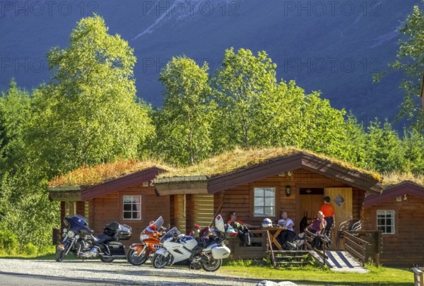 Biker meeting, camping cabins, Tafjord, Møre og Romsdal, Norway, Scandinavia, Europe, adventure