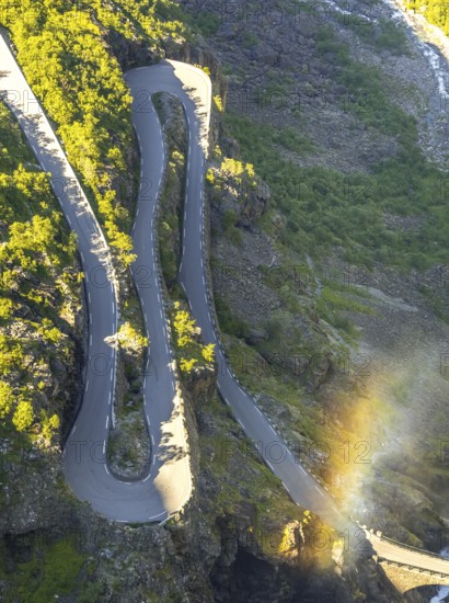 Trollstigen near Andalsnes, serpentines, hairpin bends, Stigfossen waterfall, Innfjorden, Møre og