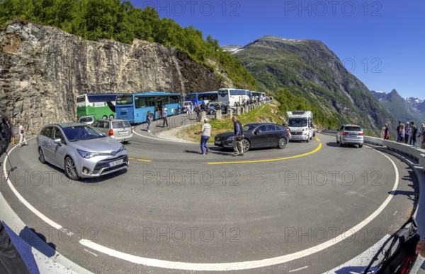 Gjerdefossen viewpoint, tourists, coaches, Geiranger, Møre og Romsdal, Norway, Scandinavia, Europe,