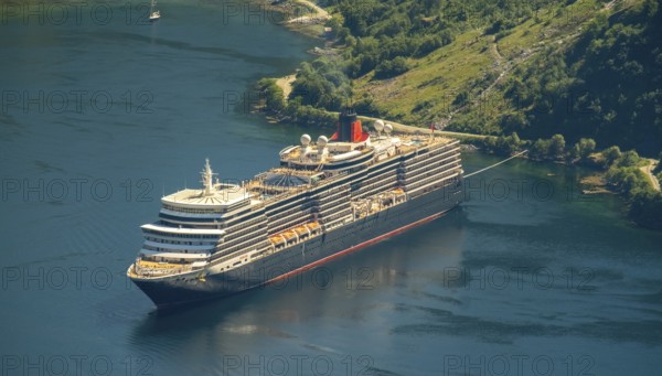 GeirangerFjord, view of Geiranger, ship Queen Elizabeth at anchor, Møre og Romsdal, Norway,