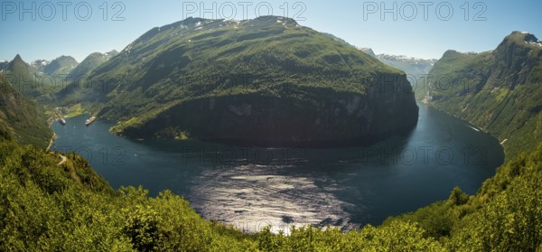 GeirangerFjord Loop, Geiranger town view, Queen Elisabeth and MSC Orchestra ship at anchor, Møre og
