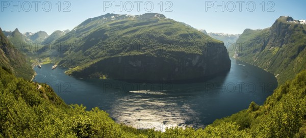 GeirangerFjord Loop, Geiranger town view, Queen Elisabeth and MSC Orchestra ship at anchor, Møre og