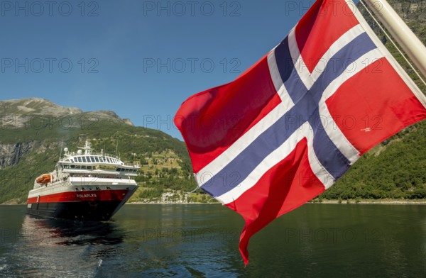 Ship MS Polarlys, Norwegian flag, Geiranger, Møre og Romsdal, Norway, Scandinavia, Europe,