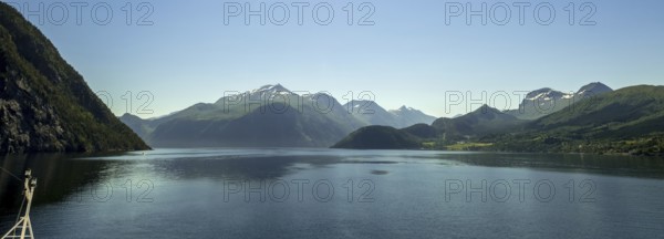 Panoramic view, fjord and mountain formations, Storfjord, Stranda, Møre og Romsdal, Norway,