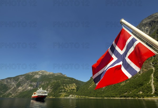 Ship MS Polarlys, Norwegian flag, Geiranger, Møre og Romsdal, Norway, Scandinavia, Europe,