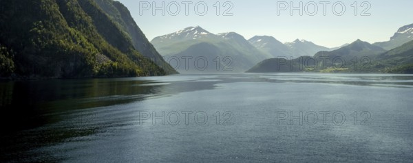 Panoramic view, fjord and mountain formations, Storfjord, Stranda, Møre og Romsdal, Norway,