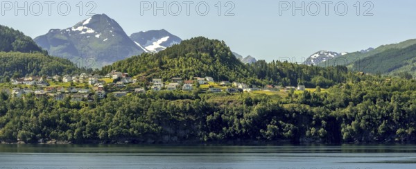 Panoramic view, fjord and mountain formations, Storfjord, Stranda town view, Møre og Romsdal,