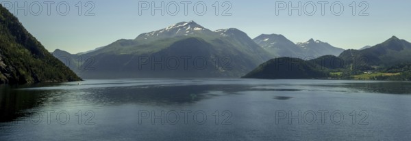 Panoramic view, fjord and mountain formations, Storfjord, Stranda, Møre og Romsdal, Norway,
