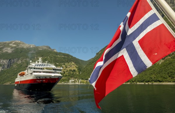 Ship MS Polarlys, Norwegian flag, Geiranger, Møre og Romsdal, Norway, Scandinavia, Europe,