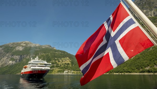 Ship MS Polarlys, Norwegian flag, Geiranger, Møre og Romsdal, Norway, Scandinavia, Europe,