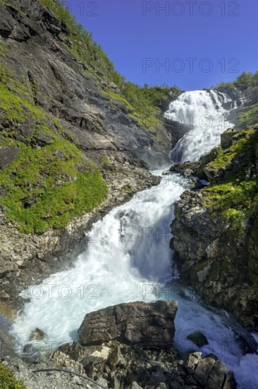 Kjosfossen waterfall, waterfall near Fureberget, rock faces, trees, sky, Flåm, Sogn og Fjordane,