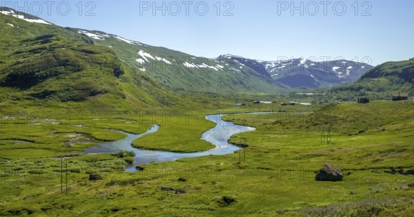 River outlets on green meadow, mountains, forest, snow peaks, sky, Myrdal, Sogn og Fjordane,