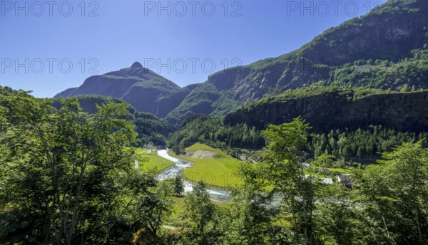 Travel by Flam Railway, iron railway journey, view from the Flåmsbana, Ryavegen, mountains,