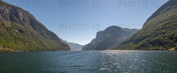 Fjord, Nærøyfjorden, Flåm, Gudvangen, mountains, trees, blue sky, Undredal, Sogn og Fjordane,