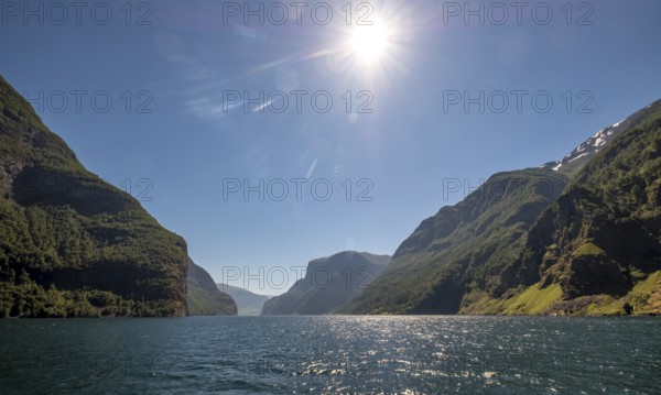 Fjord, Nærøyfjorden, Flåm, Gudvangen, mountains, trees, blue sky, sunshine, Undredal, Sogn og