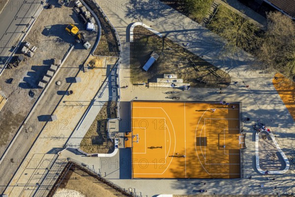 Aerial view, Marienschule Büderich primary school, construction site family centre Büderich daycare